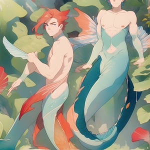 ((best quality)), ((masterpiece)), (detailed), ((perfect face)), male, two mermen are swimming, two merfolks, lean and muscular body, finned ears, fins, tail glows slightly with luminous scales, very long mermaid tail, bioluminescent, markings along his body,watercolor,perfect light,Granat