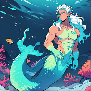 ((best quality)), ((masterpiece)), (detailed), ((perfect face)), male, broad shouldered men, european handsome faces, ((two mermen)), two cheerful mermen are swimming, two merfolks, full bodies, adult, long hair, lean and huge muscular body, finned ears, fins, tail glows slightly with luminous scales, very long mermaid tails, bioluminescent, markings along his body, bright saturated, multicolor, coloring in anime style, interesting seascape, fish, corals, beautiful turquoise clear water, light penetrating through the water, perfect light