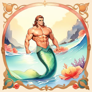 mermaid men are swimming in blue water, mature, handsome, muscle, beefy, masculine, charming, alluring, affectionate eyes, lookat viewer, (perfect anatomy), perfect proportions, best quality, masterpiece, high_resolution, Dutch angle, cowboy shot, watercolor,muscular_female, art nouveau,EXMU,Lewis Smith,rudeus_greyrat,ReinerBraun