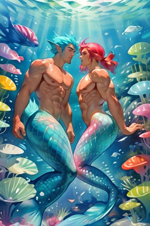 ((best quality)), ((masterpiece)), (detailed),  ((perfect face)), male,  two mermen are swimming, two merfolks, lean and muscular body, Long finned ears, fins, tail glows slightly with luminous scales, mermaid tail, bioluminescent, markings along his body,watercolor,perfect light,<lora:659111690174031528:1.0>