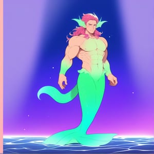 ((best quality)), ((masterpiece)), (detailed), ((perfect face)), male, full bodies, body builder men, huge muscular, european handsome face, two cheerful mermen are swimming, two merfolks, adult, long hair, lean and muscular body, finned ears, fins, tail glows slightly with luminous scales, very long mermaid tails, bioluminescent, markings along his body,watercolor, multicolor, perfect light,watercolor \(medium\),,,<lora:659095807385103906:1.0>