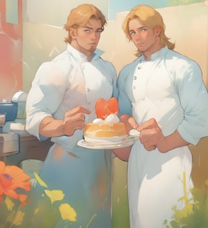 two men (two male), the one man has dark brown long hair, the other man character has short blond hair, blue eyes, they are eating cake, comfortable kitchen, motning, light color predominates, mature, handsome, muscle, mature, muscular, beefy, masculine, charming, alluring, affectionate eyes, lookat viewer, (perfect anatomy), perfect proportions, best quality, white colors, masterpiece, high_resolution, Dutch angle, cowboy shot, kitchen background, watercolor, soft linear, simple colors, no shadows, no shading, black contour line