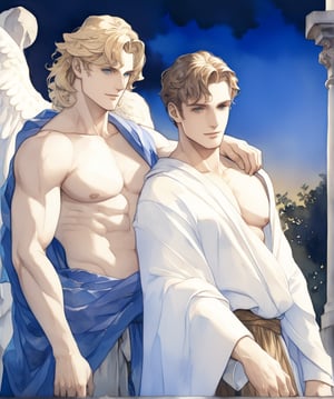 two men characters of the same height, two male, 1man and 1man are near each other, one man has dark brown long hair, the man character has short blond hair, blue eyes, clothing toga, mature, handsome, muscule, mature, muscular, beefy, masculine, charming, alluring,  affectionate eyes, lookat viewer, (perfect anatomy), perfect proportions, best quality, in the garden of statues, colours of stones, in the evening, they are surrounded by the ruined remains of stone fences, next to them there is a beautiful marble white antique sculpture, no greenery, dark evening lighting, masterpiece, high_resolution, dutch angle, cowboy shot, garden of statues background, watercolor