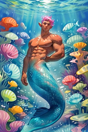 ((best quality)), ((masterpiece)), (detailed),  ((perfect face)), male,  two mermen are swimming, two merfolks, lean and muscular body, Long finned ears, fins, tail glows slightly with luminous scales, mermaid tail, bioluminescent, markings along his body,watercolor,perfect light,<lora:659111690174031528:1.0>