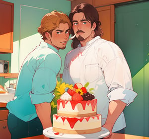 two men (two male), the one man has dark brown (dark hair) long hair, the other man character has short blond hair, blue eyes, they are eating cake, comfortable kitchen, motning, light color predominates, mature, handsome, 
 charming, alluring, affectionate eyes, lookat viewer, (perfect anatomy), perfect proportions, best quality, masterpiece, high_resolution, Dutch angle, cowboy shot, kitchen background,tanigaki,watercolor