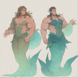 ((best quality)), ((masterpiece)), (detailed), ((perfect face)), male, full bodies, broad shouldered men, huge muscular, european handsome face, two cheerful mermen are swimming, two merfolks, adult, long hair, lean and muscular body, finned ears, fins, tail glows slightly with luminous scales, very long mermaid tails, bioluminescent, markings along his body,watercolor, multicolor, perfect light