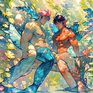 ((best quality)), ((masterpiece)), (detailed),  ((perfect face)), male,  two mermen are swimming, two merfolks, lean and muscular body, finned ears, fins, tail glows slightly with luminous scales, very long mermaid tail, bioluminescent, markings along his body,watercolor,perfect light,<lora:659111690174031528:1.0>,<lora:659111690174031528:1.0>