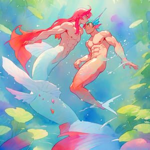  ((best quality)), ((masterpiece)), (detailed), ((perfect face)), male, two mermen are swimming, two merfolks, adult, long hair, lean and muscular body, finned ears, fins, tail glows slightly with luminous scales, very long mermaid tails, bioluminescent, markings along his body,watercolor, multicolor, perfect light