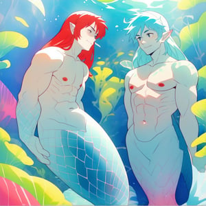 ((best quality)), ((masterpiece)), (detailed), ((perfect face)), male, two cheerful mermen are swimming, two merfolks, adult, long hair, lean and muscular body, finned ears, fins, tail glows slightly with luminous scales, very long mermaid tails, bioluminescent, markings along his body,watercolor, multicolor, perfect light,,,<lora:659111690174031528:1.0>
