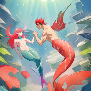  ((best quality)), ((masterpiece)), (detailed), ((perfect face)), male, two mermen are swimming, two merfolks, adult, long hair, lean and muscular body, finned ears, fins, tail glows slightly with luminous scales, very long mermaid tails, bioluminescent, markings along his body,watercolor, multicolor, perfect light