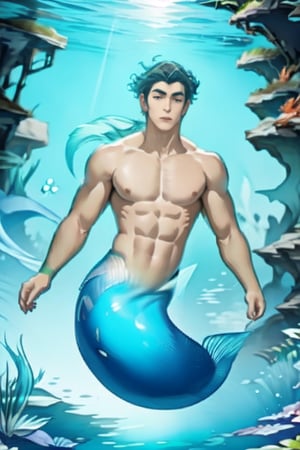 ((best quality)), ((masterpiece)), (detailed),  ((perfect face)), male, mermen are swimming, merfolks, lean and muscular body, Long finned ears, fins, tail glows slightly with luminous scales, mermaid tail, bioluminescent, markings along his body,watercolor,perfect light,,<lora:659111690174031528:1.0>