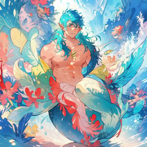 ((best quality)), ((masterpiece)), (detailed), ((perfect face)), male, broad shouldered men, european handsome faces, ((two mermen)), two cheerful mermen are swimming, full bodies, adult, long hair, lean and huge muscular body, finned ears, fins, tail glows slightly with luminous scales, very long mermaid tails, bioluminescent, markings along his body, bright saturated watercolor, multicolor, coloring in anime style, interesting seascape, fish, corals, beautiful turquoise clear water, light penetrating through the water, perfect light,watercolor