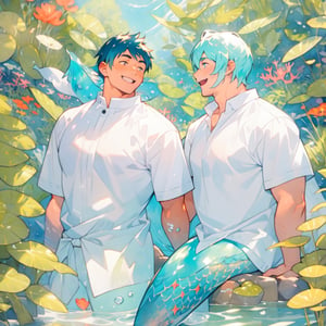 ((best quality)), ((masterpiece)), (detailed), ((perfect face)), male, two cheerful mermen are swimming, two merfolks, adult, long hair, lean and muscular body, finned ears, fins, tail glows slightly with luminous scales, very long mermaid tails, bioluminescent, markings along his body,watercolor, multicolor, perfect light
