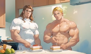 two men (two male), the one man has dark brown long hair, the other man character has short blond hair, blue eyes, they are eating cake, comfortable kitchen, motning, light color predominates, mature, handsome, muscle, mature, muscular, beefy, masculine, charming, alluring, affectionate eyes, lookat viewer, (perfect anatomy), perfect proportions, best quality, white colors, masterpiece, high_resolution, Dutch angle, cowboy shot, kitchen background, watercolor, soft linear, simple colors, no shadows, no shading, black contour line