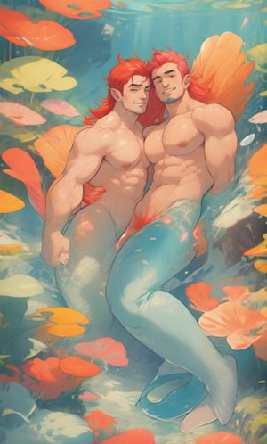 ((best quality)), ((masterpiece)), (detailed), ((perfect face)), male, broad shouldered men, adult, european handsome faces, ((two mermen)), two cheerful mermen are swimming, two merfolks, full bodies, adult, long hair, lean and huge muscular body, finned ears, fins, tail glows slightly with luminous scales, very long mermaid tails, bioluminescent, markings along his body, bright saturated, multicolor, coloring in anime style, interesting seascape, fish, corals, beautiful turquoise clear water, light penetrating through the water, perfect light, anime