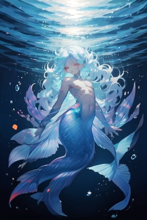 ((best quality)), ((masterpiece)), (detailed),  ((perfect face)), male, sharp eyes, mermen are swimming, merfolks, Sharp teeth, lean and muscular body, Long finned ears, fins, fins on his cheeks, tail glows slightly with luminous scales, bioluminescent markings along his body, has a black mermaid tail, siren_core, red eyes, bioluminescent, markings along his body,watercolor,perfect light,<lora:659111690174031528:1.0>