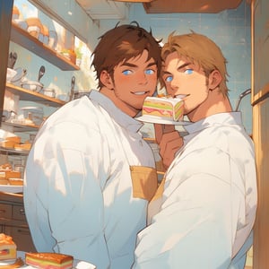 two men (two male), the one man has dark brown (dark hair) long hair, the other man character has short blond hair, blue eyes, they are eating cake, comfortable kitchen, motning, light color predominates, mature, handsome, 
 charming, alluring, affectionate eyes, lookat viewer, (perfect anatomy), perfect proportions, best quality, masterpiece, high_resolution, Dutch angle, cowboy shot, kitchen background, simple colors, 