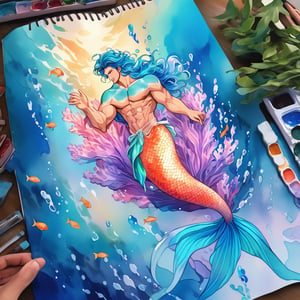 ((best quality)), ((masterpiece)), (detailed), ((perfect face)), male, broad shouldered men, adult, european handsome faces, ((two mermen)), two cheerful mermen are swimming, two merfolks, full bodies, adult, long hair, lean and huge muscular body, finned ears, fins, tail glows slightly with luminous scales, very long mermaid tails, bioluminescent, markings along his body, bright saturated, multicolor, coloring in anime style, interesting seascape, fish, corals, beautiful turquoise clear water, light penetrating through the water, perfect light, anime,watercolor