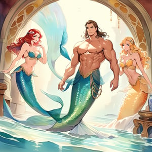 mermaid men are swimming in blue water, mature, handsome, muscle, beefy, masculine, charming, alluring, affectionate eyes, lookat viewer, (perfect anatomy), perfect proportions, best quality, masterpiece, high_resolution, Dutch angle, cowboy shot, watercolor,muscular_female, art nouveau,EXMU,Lewis Smith,rudeus_greyrat,ReinerBraun