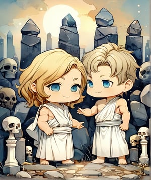 two men characters of the same height, two male, 1man and 1man are near each other, one man has dark brown long hair, the man character has short blond hair, blue eyes, clothing toga, mature, handsome, muscule, mature, muscular, beefy, masculine, charming, alluring,  affectionate eyes, lookat viewer, (perfect anatomy), perfect proportions, best quality, in the garden of statues, colours of stones, in the evening, they are surrounded by the ruined remains of stone fences, next to them there is a beautiful marble white antique sculpture, no greenery, dark evening lighting, masterpiece, high_resolution, dutch angle, cowboy shot, garden of statues background, watercolor,man,muscular_female,bigger_female,looking at the viewer,large_muscles,Lewis Smith,rudeus_greyrat,chibi,comic book,Emote Chibi