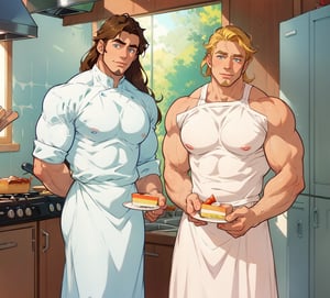 two men (two male), the one man has dark brown (dark hair) long hair, the other man character has short blond hair, blue eyes, they are eating cake, comfortable kitchen, motning, light color predominates, mature, handsome, 
 charming, alluring, affectionate eyes, lookat viewer, (perfect anatomy), perfect proportions, best quality, masterpiece, high_resolution, Dutch angle, cowboy shot, kitchen background, ghibli coloring style