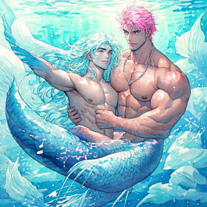  ((best quality)), ((masterpiece)), (detailed), ((perfect face)), male, two mermen are swimming, two merfolks, adult, long hair, lean and muscular body, finned ears, fins, tail glows slightly with luminous scales, very long mermaid tails, bioluminescent, markings along his body,watercolor, multicolor, perfect light,LINEART