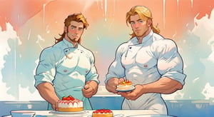 two men (two male), the one man has dark brown long hair, the other man character has short blond hair, blue eyes, they are eating cake, comfortable kitchen, motning, light color predominates, mature, handsome, muscle, mature, muscular, beefy, masculine, charming, alluring, affectionate eyes, lookat viewer, (perfect anatomy), perfect proportions, best quality, white colors, masterpiece, high_resolution, Dutch angle, cowboy shot, kitchen background, watercolor, soft linear, simple colors, no shadows, no shading, black contour line,<lora:659111690174031528:1.0>