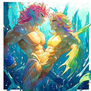  ((best quality)), ((masterpiece)), (detailed), ((perfect face)), male, two mermen are swimming, two merfolks, adult, long hair, lean and muscular body, finned ears, fins, tail glows slightly with luminous scales, very long mermaid tails, bioluminescent, markings along his body,watercolor, multicolor, perfect light,portrait