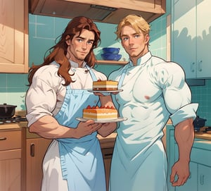 two men (two male), the one man has dark brown (dark hair) long hair, the other man character has short blond hair, blue eyes, they are eating cake, comfortable kitchen, motning, light color predominates, mature, handsome, 
 charming, alluring, affectionate eyes, lookat viewer, (perfect anatomy), perfect proportions, best quality, masterpiece, high_resolution, Dutch angle, cowboy shot, kitchen background, ghibli coloring style