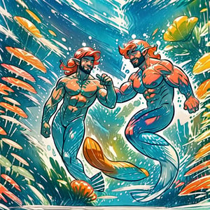 ((best quality)), ((masterpiece)), (detailed), ((perfect face)), male, broad shouldered men, adult, european handsome faces, ((two mermen)), two cheerful mermen are swimming, two merfolks, full bodies, adult, lean and huge muscular body, finned ears, fins, tail glows slightly with luminous scales, very long mermaid tails, bioluminescent, markings along his body, bright saturated, multicolor, coloring in anime style, interesting seascape, fish, corals, beautiful turquoise clear water, light penetrating through the water, perfect light, anime,<lora:659111690174031528:1.0>,<lora:659111690174031528:1.0>