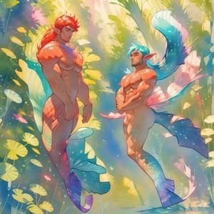 ((best quality)), ((masterpiece)), (detailed),  ((perfect face)), male,  two mermen are swimming, two merfolks, lean and muscular body, finned ears, fins, tail glows slightly with luminous scales, very long mermaid tail, bioluminescent, markings along his body,watercolor,perfect light,<lora:659111690174031528:1.0>