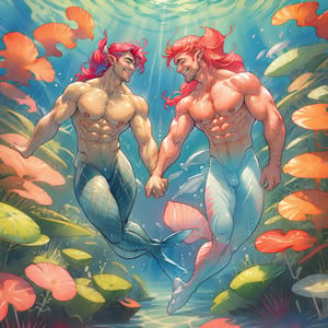  ((best quality)), ((masterpiece)), (detailed), ((perfect face)), male, two happy mermen are swimming, two merfolks, adult, long hair, lean and muscular body, finned ears, fins, tail glows slightly with luminous scales, very long mermaid tails, bioluminescent, markings along his body,watercolor, multicolor, perfect light,portrait,CrclWc,LINEART