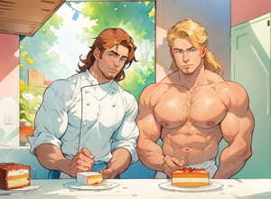 two men (two male), the one man has dark brown long hair, the other man character has short blond hair, blue eyes, they are eating cake, comfortable kitchen, motning, light color predominates, mature, handsome, muscle, mature, muscular, beefy, masculine, charming, alluring, affectionate eyes, lookat viewer, (perfect anatomy), perfect proportions, best quality, white colors, masterpiece, high_resolution, Dutch angle, cowboy shot, kitchen background, watercolor, soft linear, simple colors, no shadows, no shading, black contour line