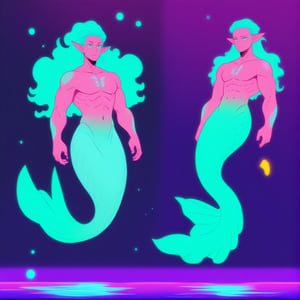 ((best quality)), ((masterpiece)), (detailed), ((perfect face)), male, broad shouldered men, european handsome faces, ((two mermen)), two cheerful mermen are swimming, two merfolks, full bodies, adult, long hair, lean and huge muscular body, finned ears, fins, tail glows slightly with luminous scales, very long mermaid tails, bioluminescent, markings along his body, bright saturated, multicolor, coloring in anime style, interesting seascape, fish, corals, beautiful turquoise clear water, light penetrating through the water, perfect light,,,<lora:659095807385103906:1.0>