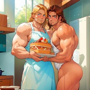 two men (two male), the one man has dark brown (dark hair) long hair, the other man character has short blond hair, blue eyes, they are eating cake, comfortable kitchen, motning, light color predominates, mature, handsome, muscle, mature, muscular, beefy, masculine, charming, alluring, affectionate eyes, lookat viewer, (perfect anatomy), perfect proportions, best quality, masterpiece, high_resolution, Dutch angle, cowboy shot, kitchen background, simple colors,no_humans,ClrSkt