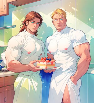 two men (two male), the one man has dark brown long hair, the other man character has short blond hair, blue eyes, they are eating cake, comfortable kitchen, motning, light color predominates, mature, handsome, muscle, mature, muscular, beefy, masculine, charming, alluring, affectionate eyes, lookat viewer, (perfect anatomy), perfect proportions, best quality, white colors, masterpiece, high_resolution, Dutch angle, cowboy shot, kitchen background, watercolor, soft linear, simple colors, no shadows, no shading, black contour line