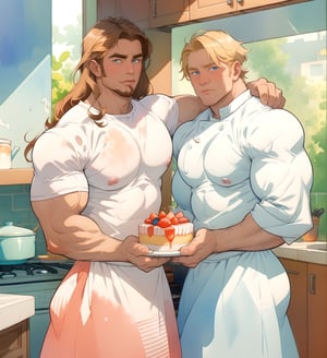 two men (two male), the one man has dark brown long hair, the other man character has short blond hair, blue eyes, they are eating cake, comfortable kitchen, motning, light color predominates, mature, handsome, muscle, mature, muscular, beefy, masculine, charming, alluring, affectionate eyes, lookat viewer, (perfect anatomy), perfect proportions, best quality, white colors, masterpiece, high_resolution, Dutch angle, cowboy shot, kitchen background, watercolor, soft linear, simple colors, no shadows, no shading, black contour line