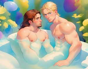 two men (two male), the one man has dark brown (dark hair) long hair, the other man character has short blond hair, blue eyes, they are in the bath in the water, there is foam on the water and there is a lot of foam around, rainbow soap bubbles are flying, white color predominates, no clothing, mature, handsome, muscle, mature, muscular , beefy, masculine, charming, alluring, affectionate eyes, lookat viewer, (perfect anatomy), perfect proportions, best quality, in the bathroom, in the morning, they are surrounded by soap foam, masterpiece, high_resolution, Dutch angle, cowboy shot, bathroom background,watercolor