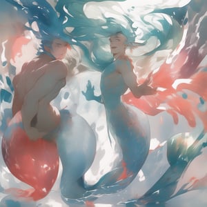 ((best quality)), ((masterpiece)), (detailed), ((perfect face)), male, two cheerful mermen are swimming, two merfolks, lean and muscular body, finned ears, fins, tail glows slightly with luminous scales, very long mermaid tails, bioluminescent, markings along his body,watercolor,perfect light,,