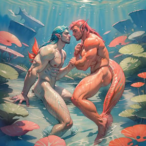  ((best quality)), ((masterpiece)), (detailed), ((perfect face)), male, two mermen are swimming, two merfolks, adult, long hair, lean and muscular body, finned ears, fins, tail glows slightly with luminous scales, very long mermaid tails, bioluminescent, markings along his body,watercolor, multicolor, perfect light