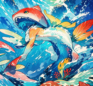 ((best quality)), ((masterpiece)), (detailed), ((perfect face)), male, broad shouldered men, european handsome faces, ((two mermen)), two cheerful mermen are swimming, full bodies, adult, long hair, lean and huge muscular body, finned ears, fins, tail glows slightly with luminous scales, very long mermaid tails, bioluminescent, markings along his body, bright saturated watercolor, multicolor, coloring in anime style, interesting seascape, fish, corals, beautiful turquoise clear water,<lora:659111690174031528:1.0>