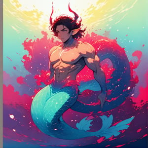 ((best quality)), ((masterpiece)), (detailed), ((perfect face)), male, full bodies, broad shouldered men, european handsome face, two cheerful mermen are swimming, adult, lean and muscular body, finned ears, fins, tail glows slightly with luminous scales, very long mermaid tails, bioluminescent, markings along his body,watercolor, multicolor, perfect light,<lora:659095807385103906:1.0>,<lora:659095807385103906:1.0>