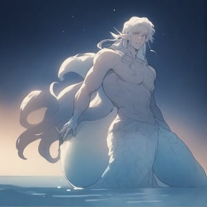 ((best quality)), ((masterpiece)), (detailed), ((perfect face)), male, full bodies, broad shouldered, muscular, european handsome face, two cheerful mermen are swimming, two merfolks, adult, long hair, lean and muscular body, finned ears, fins, tail glows slightly with luminous scales, very long mermaid tails, bioluminescent, markings along his body,watercolor, multicolor, perfect light