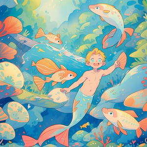 ((best quality)), ((masterpiece)), (detailed), ((perfect face)), male, two cheerful mermen are swimming, two merfolks, adult, long hair, lean and muscular body, finned ears, fins, tail glows slightly with luminous scales, very long mermaid tails, bioluminescent, markings along his body,watercolor, multicolor, perfect light