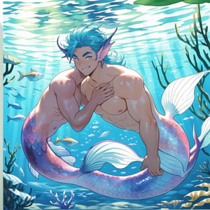 ((best quality)), ((masterpiece)), (detailed), ((perfect face)), male, two cheerful mermen are swimming, two merfolks, adult, long hair, lean and muscular body, finned ears, fins, tail glows slightly with luminous scales, very long mermaid tails, bioluminescent, markings along his body,watercolor, multicolor, perfect light