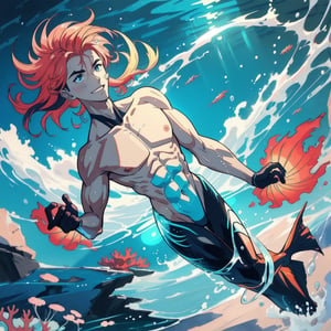 ((best quality)), ((masterpiece)), (detailed), ((perfect face)), male, broad shouldered men, european handsome faces, ((two mermen)), two cheerful mermen are swimming, two merfolks, full bodies, adult, long hair, lean and huge muscular body, finned ears, fins, tail glows slightly with luminous scales, very long mermaid tails, bioluminescent, markings along his body, bright saturated watercolor, multicolor, coloring in anime style, interesting seascape, fish, corals, beautiful turquoise clear water, light penetrating through the water, perfect light