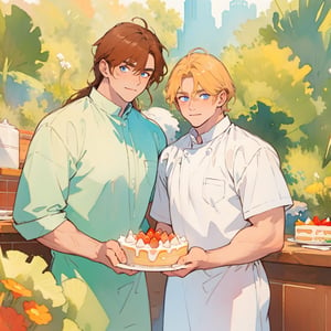 two men (two male), the one man has dark brown long hair, the other man character has short blond hair, blue eyes, they are eating cake, comfortable kitchen, motning, light color predominates, mature, handsome, muscle, mature, muscular, beefy, masculine, charming, alluring, affectionate eyes, lookat viewer, (perfect anatomy), perfect proportions, best quality, white colors, masterpiece, high_resolution, Dutch angle, cowboy shot, kitchen background, soft linear, simple colors, watercolor