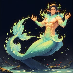 ((best quality)), ((masterpiece)), (detailed), ((perfect face)), male, full bodies, broad shouldered men, european handsome face, two cheerful mermen are swimming, adult, lean and muscular body, finned ears, fins, tail glows slightly with luminous scales, very long mermaid tails, bioluminescent, markings along his body,watercolor, multicolor, perfect light,<lora:659095807385103906:1.0>,<lora:659095807385103906:1.0>