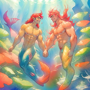  ((best quality)), ((masterpiece)), (detailed), ((perfect face)), male, two happy mermen are swimming, two merfolks, adult, long hair, lean and muscular body, finned ears, fins, tail glows slightly with luminous scales, very long mermaid tails, bioluminescent, markings along his body,watercolor, multicolor, perfect light