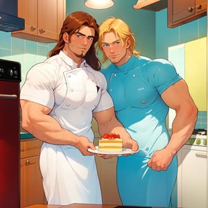 two men (two male), the one man has dark brown (dark hair) long hair, the other man character has short blond hair, blue eyes, they are eating cake, comfortable kitchen, motning, light color predominates, mature, handsome, muscle, mature, muscular, beefy, masculine, charming, alluring, affectionate eyes, lookat viewer, (perfect anatomy), perfect proportions, best quality, masterpiece, high_resolution, Dutch angle, cowboy shot, kitchen background, simple colors